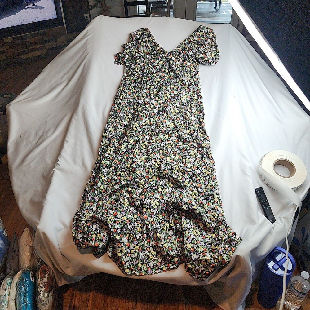 Floral Print Maxi Dress Ruffle Hem V-Neck Women's Size Large